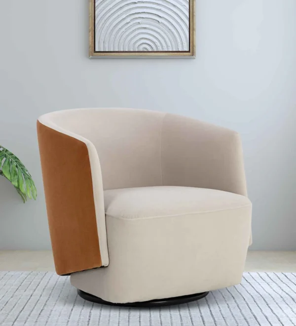 Minceta Velvet Swivel Armchair in Off White and Brown Colour